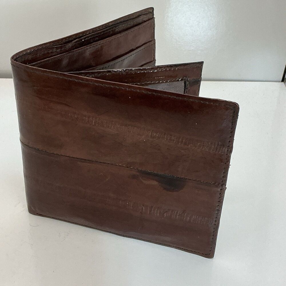 Vintage Eel Skin Leather Bifold Wallet Brown Mens Billfold Card Slots Korea